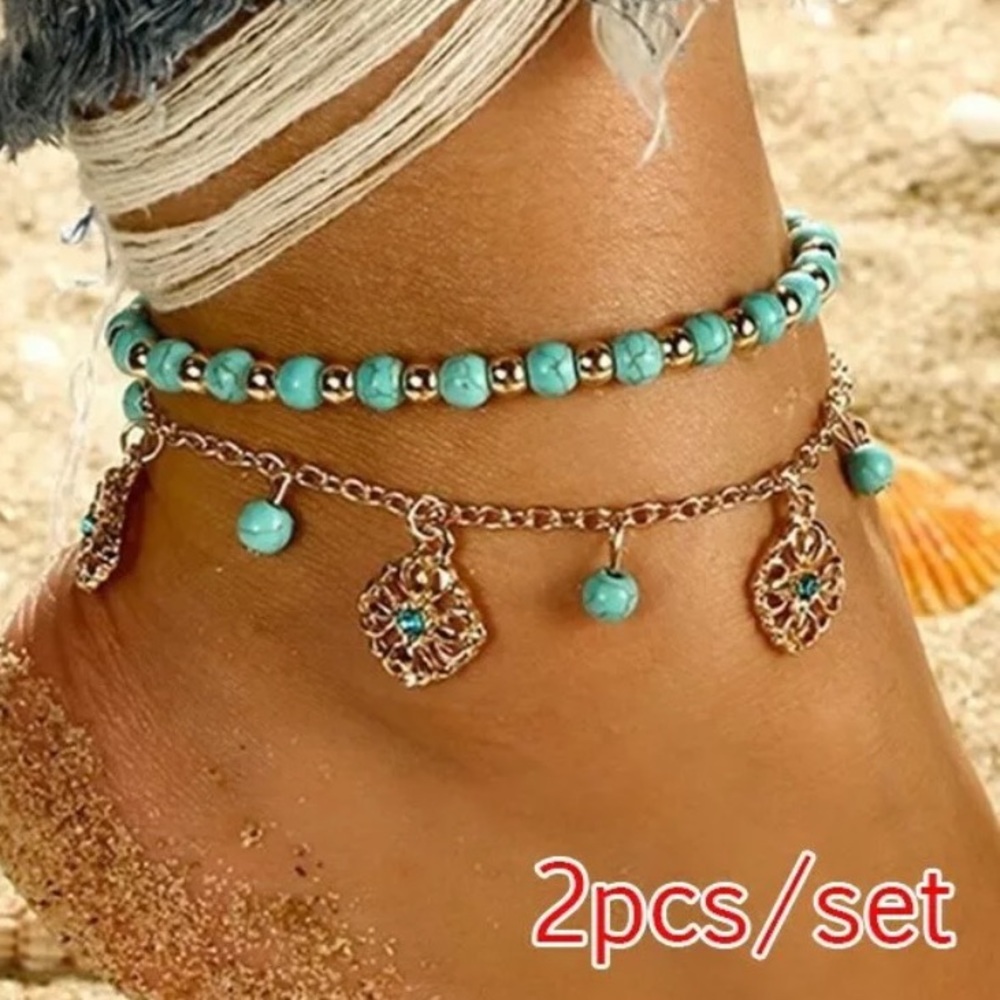 Boho Bohemian Gold Toned Turquoise Beaded Anklet - Picture 13 of 13